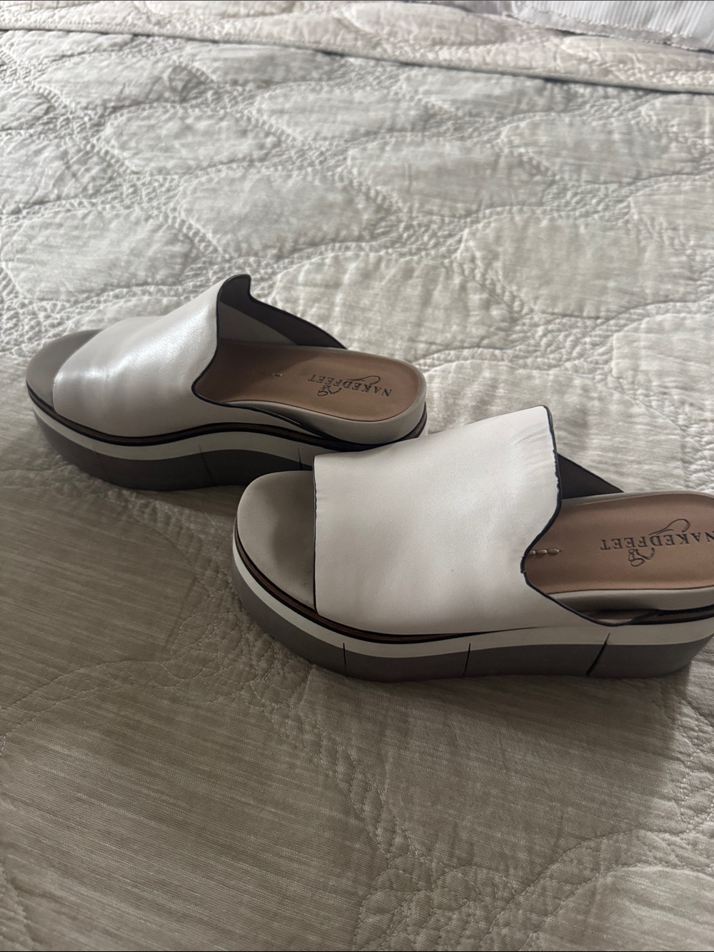 Naked Feet White Leather Platform Slide Mules with Brown Insole
